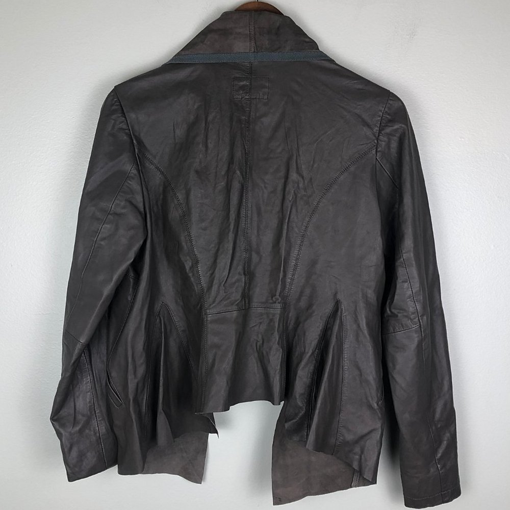 DKNY Taupe Lambskin Leather Drape-Front Jacket - Picture 3 of 6